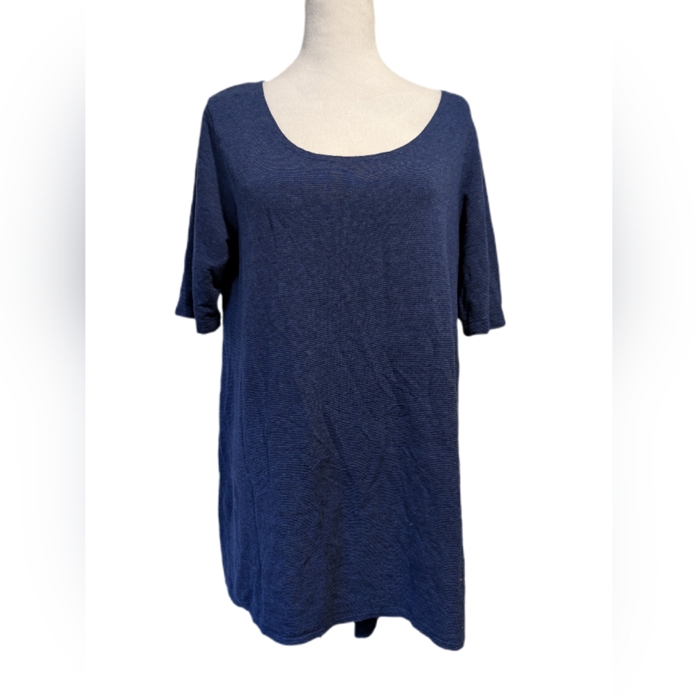 Bryn Walker Sz L Short Sleeved High Low Flared Scoop Neck Tunic Navy Blue